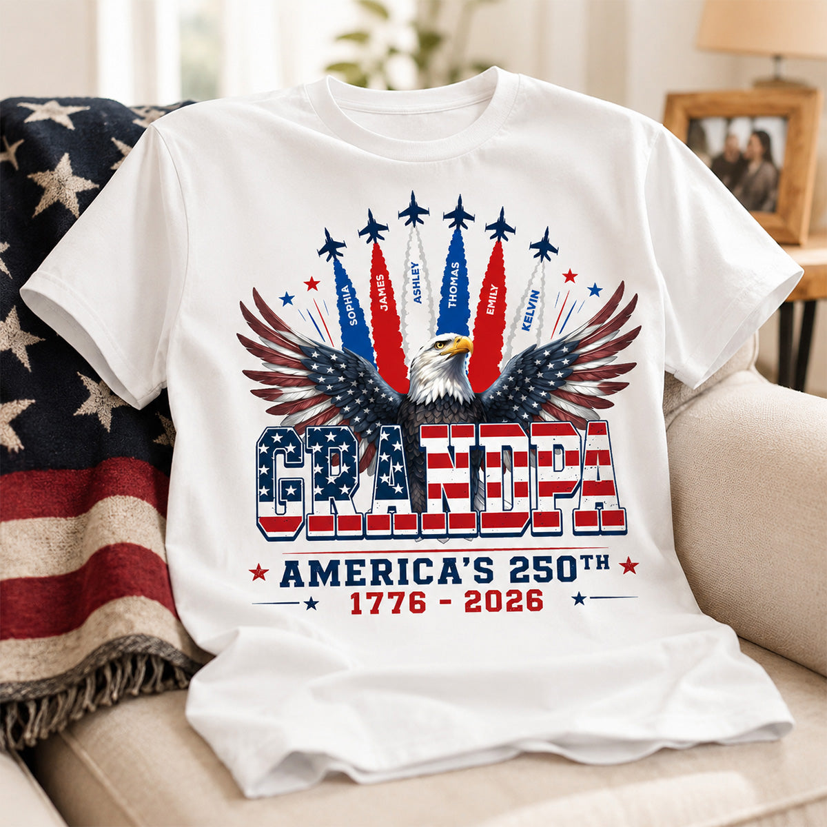 Proud Grandpa Dad Bald Eagle Jets Smoke Custom Kid Name - Personalized Shirt - American 250th Anniversary Keepsake For Husband, Dad, Grandpa