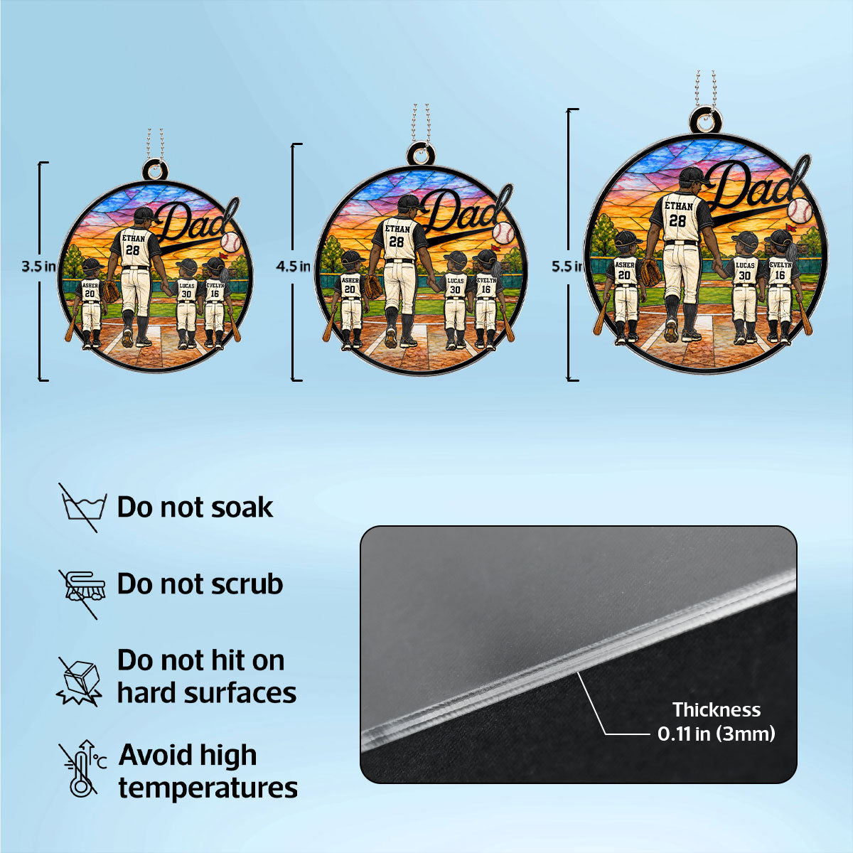 Baseball Dad & Kids 2D Flat - Personalized Acrylic Car Ornament - Father's Day Gift For Baseball Dad