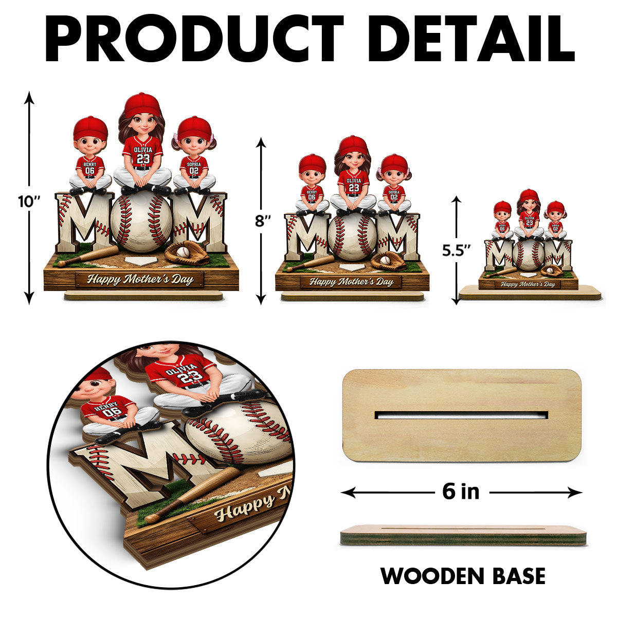 Baseball Mom And Kids Happy Mother's Day - Personalized 2-Layered Wooden Plaque - Mother's Day Gift For Baseball Mom