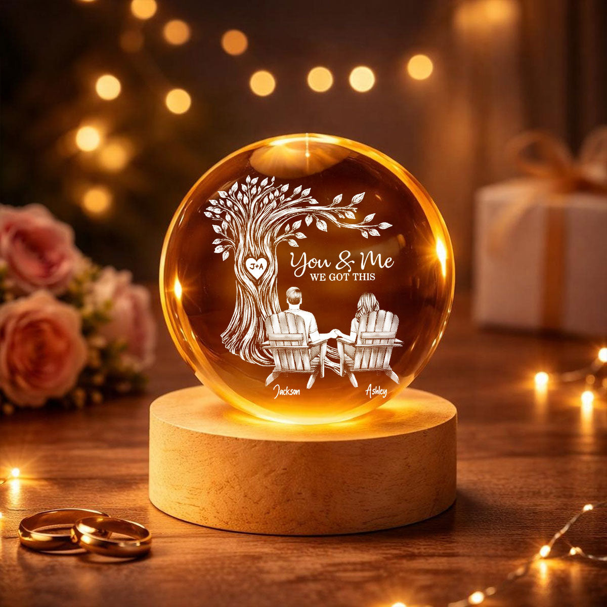 Eternal Love Couple Under Heart Carved Tree - Personalized Crystal Ball LED Night Light - Valentine's Day Gift For Couple