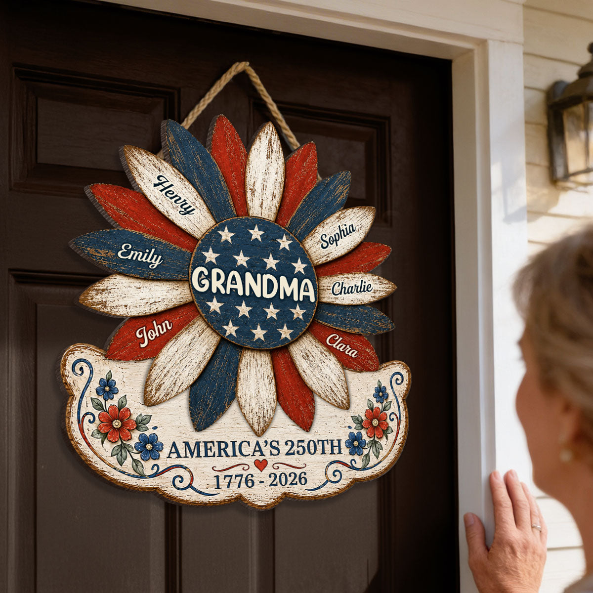 Grandma Nation Flag Sunflower America 250th Anniversary - Personalized Wood Sign - 250 Years Of Freedom, Patriotic Decoration