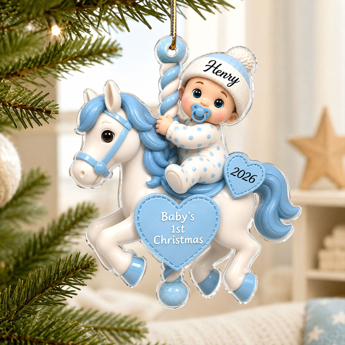 Baby First Christmas On Carousel House - Personalized Acrylic Ornament - Baby Boy Girl Gift for Couples, New Parents Keepsake, Gift for Newborn