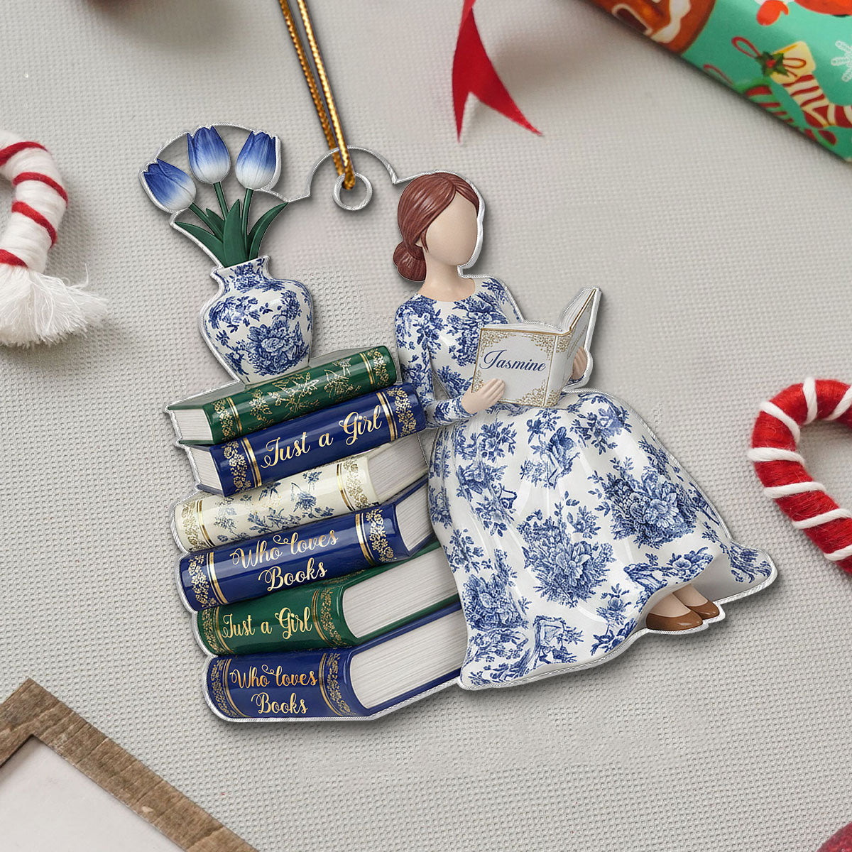 3D Effect Girl Reading Books Toile De Jouy Pattern - Personalized Acrylic Ornament - Christmas Gift For Book Lover, Bookworm