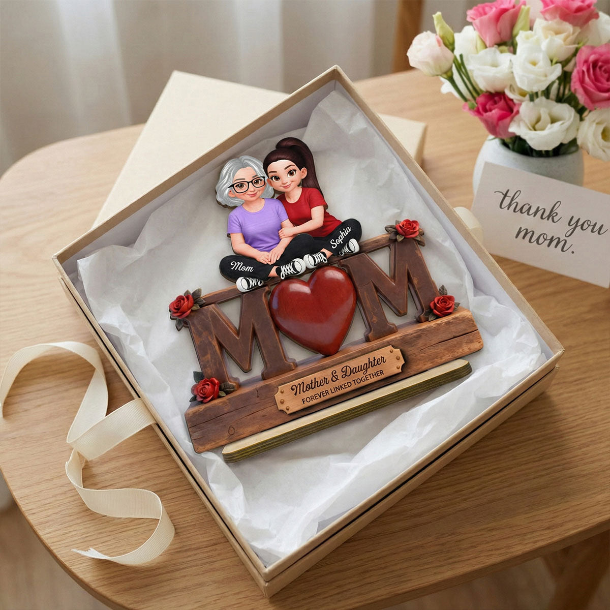 Rose MOM And Daughter Forever Linked Together - Personalized 2-Layered Wooden Plaque - Gift For Mom