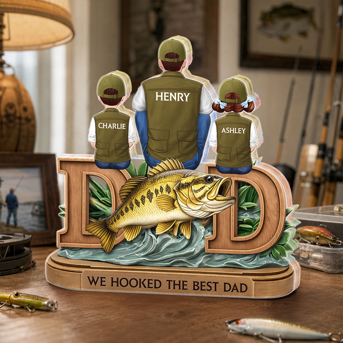 Fishing Dad And Kids Sitting Together - Personalized Acrylic Block Plaque - Heartfelt Gift For Fishing Dad, Husband