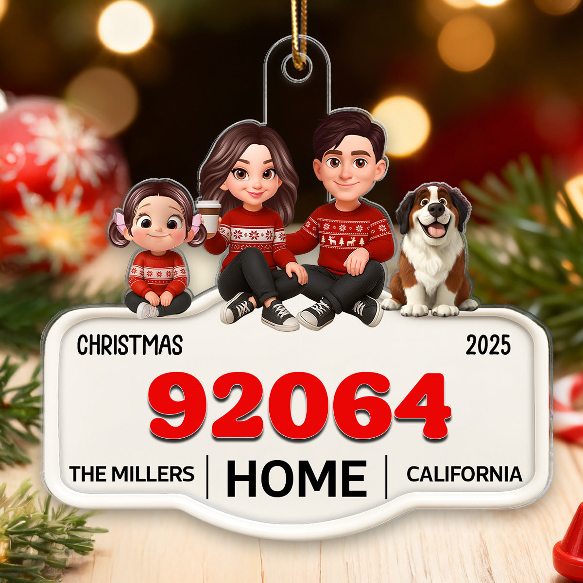 3D Effect No Place Like Home Cartoon Family Sitting Zip Code - Personalized Acrylic Ornament