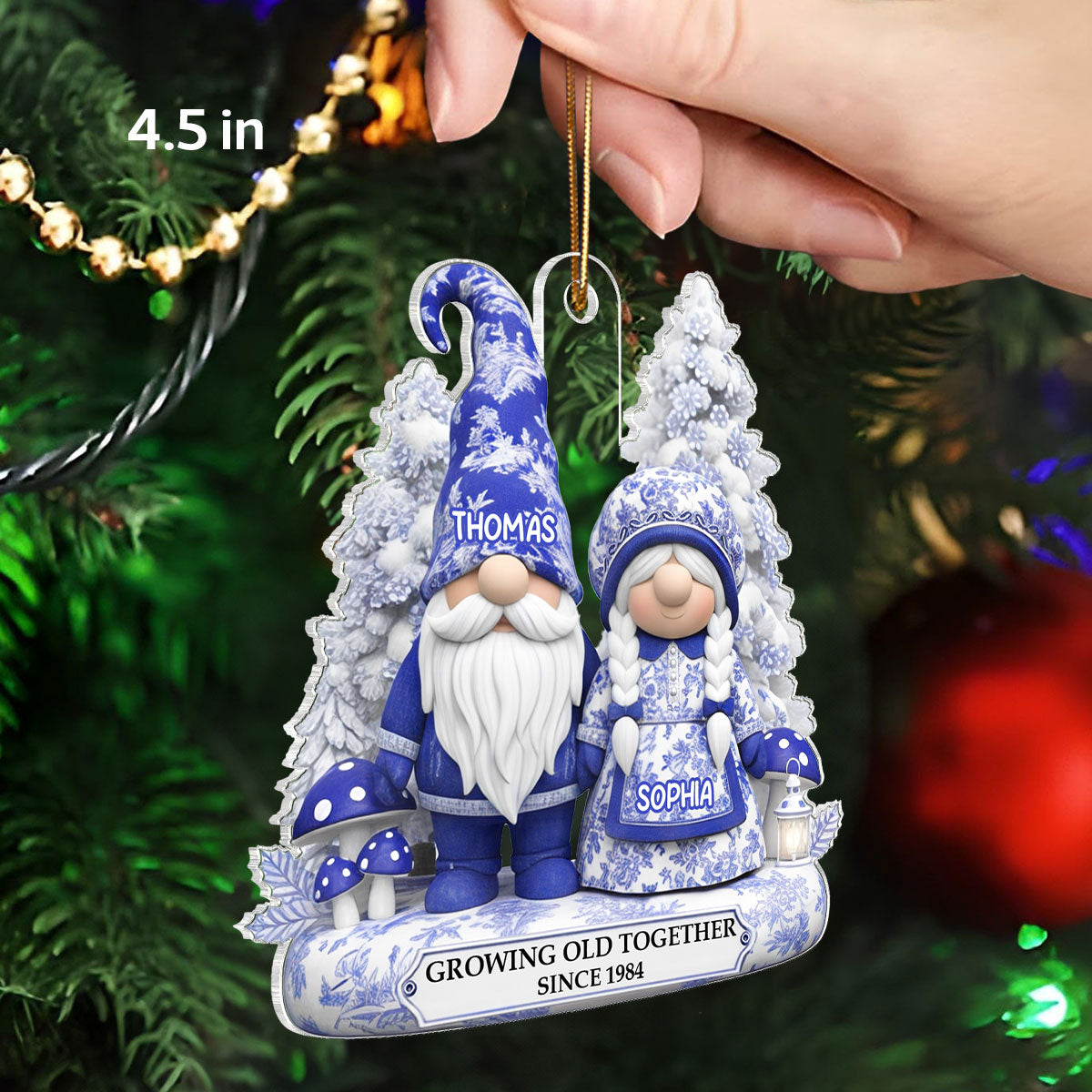 3D Effect Standing Gnome Couple Toile De Jouy Pattern - Personalized Acrylic Ornament