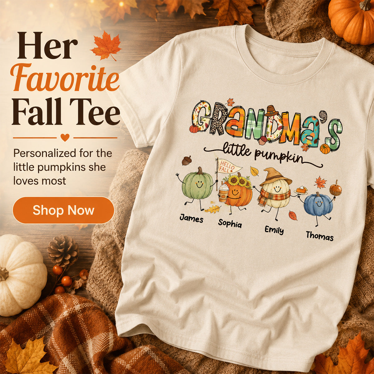 Grandma's Little Pumpkins Cute Doodle Pumpkins - Personalized Shirt - Fall Season Gift For Grandma, Mom