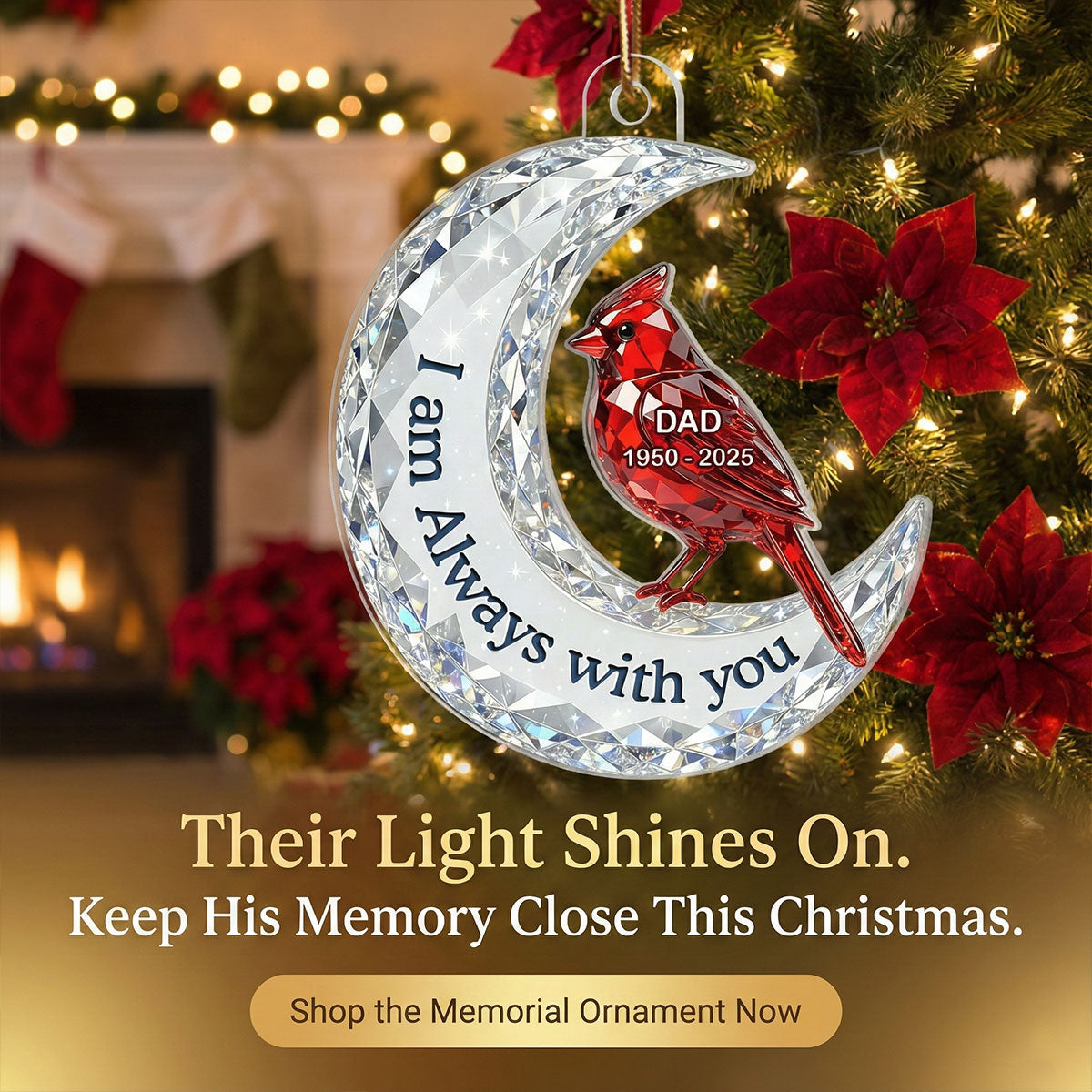 3D Effect Flat Christmas Cardinal On Moon Memorial - Personalized Acrylic Ornament - Remembrance Gift, Sympathy Gift