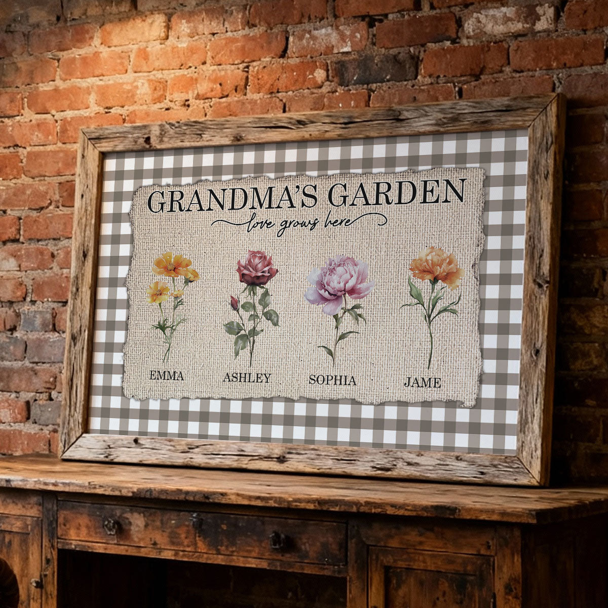 Gingham Pattern Grandma's Garden Birth Month Flowers - Personalized Poster - Mother's Day Gift For Grandma, Mom