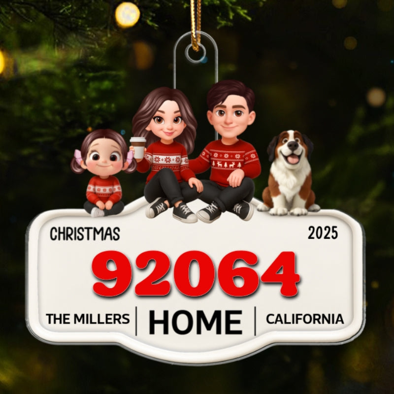 3D Effect No Place Like Home Cartoon Family Sitting Zip Code - Personalized Acrylic Ornament