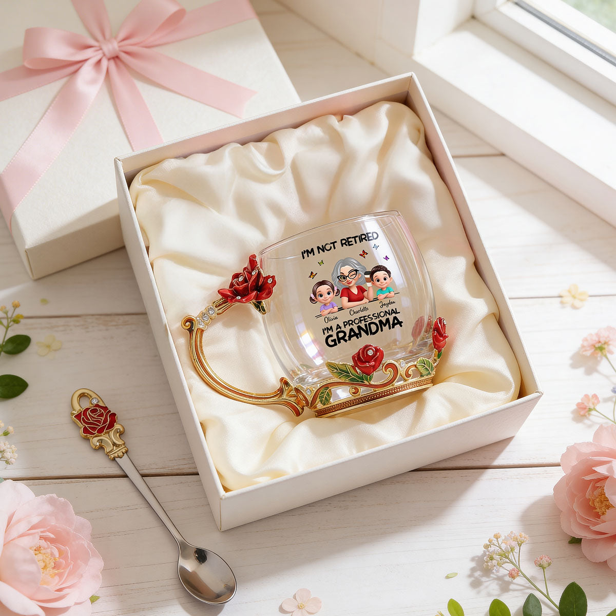 Not Retired Professional Grandma - Personalized Enamel Flower Tea Cup - Gift For Retired Grandma, Mom
