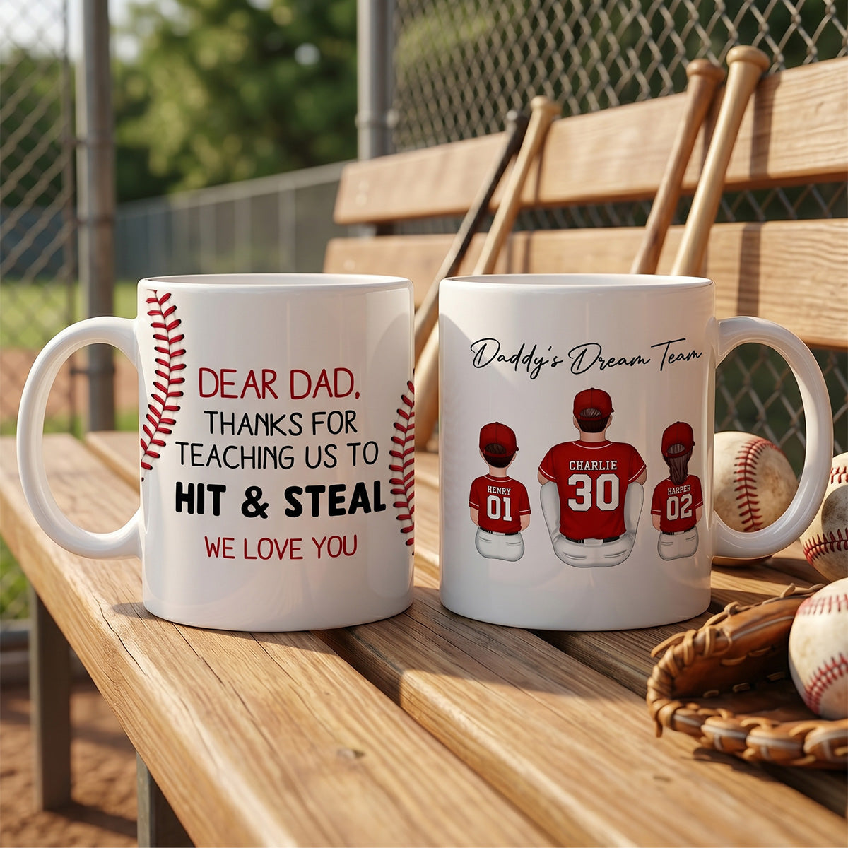 Thank You For Teaching Us To Hit & Steal Back View Baseball Dad & Kids - Personalized Mug - Father's Day Gift For Dad, Husband