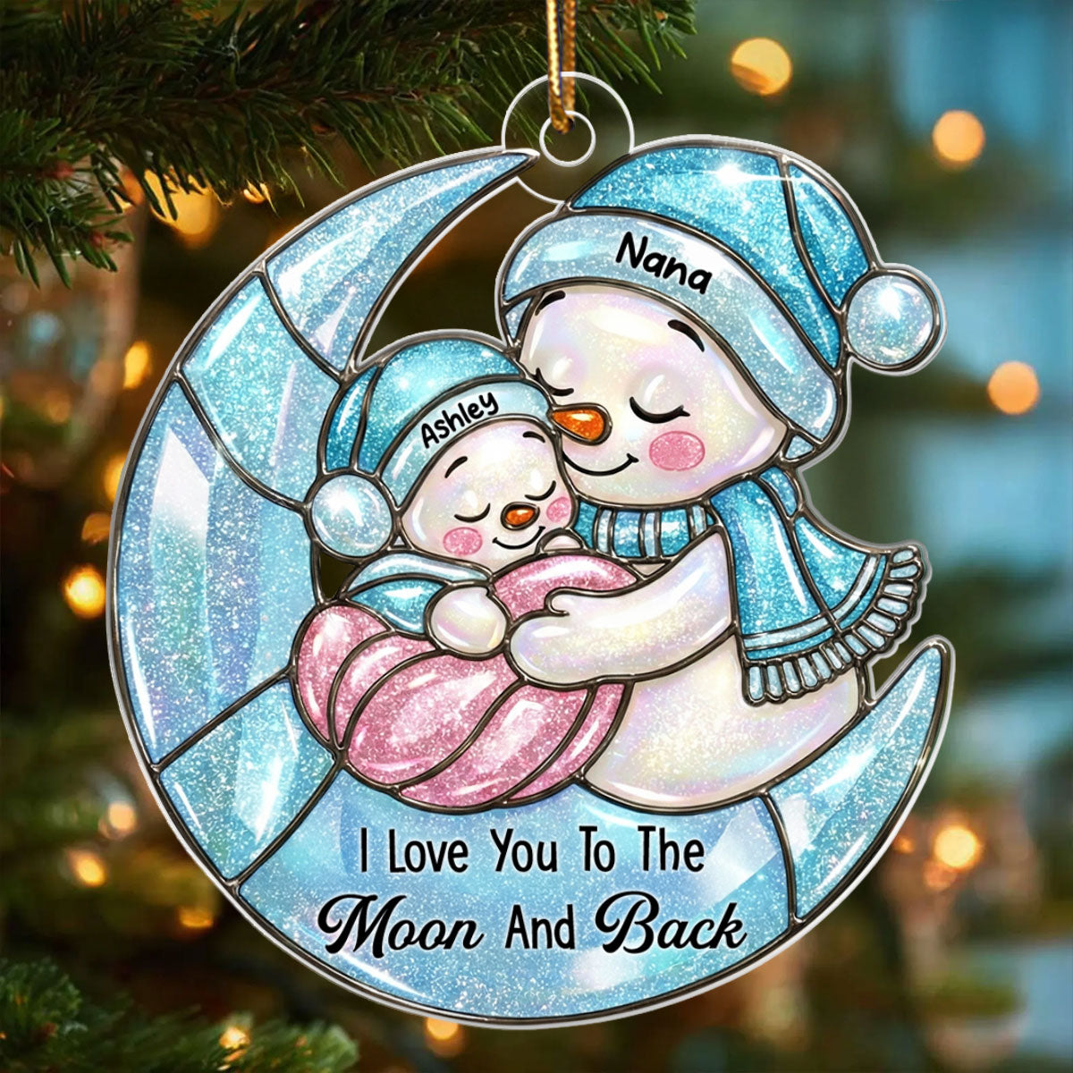 Grandma And Grandkid Moon Stained Glass Pattern - Personalized Acrylic Ornament - Heartwarming Christmas Gift For Grandma, Granddaughter, Grandson