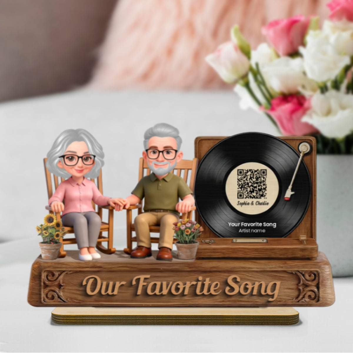 3D Effect Old Couple Sitting On Rocking Chair Favorite Song - Personalized 2-Layered Wooden Plaque