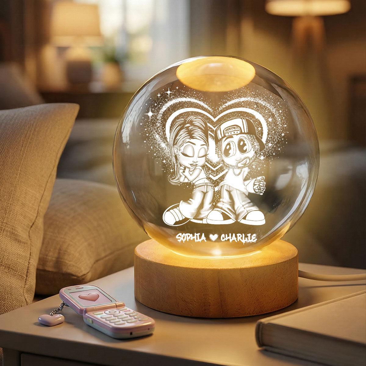 Eternal Love Y2K Couple - Personalized Crystal Ball LED Night Light - Heartfelt Valentine's Day Gift, Anniversary Gift For Couple, For Him, For Her