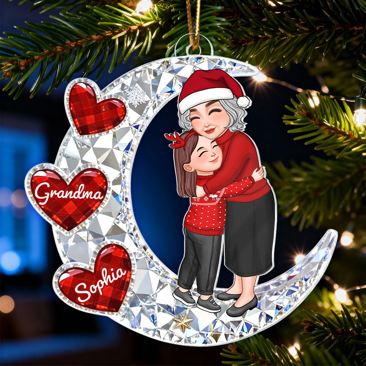 3D Crystal Effect Grandma Grandkid Hugging on Moon - Personalized Acrylic Ornament - Christmas Gift for Grandma, Grandkids