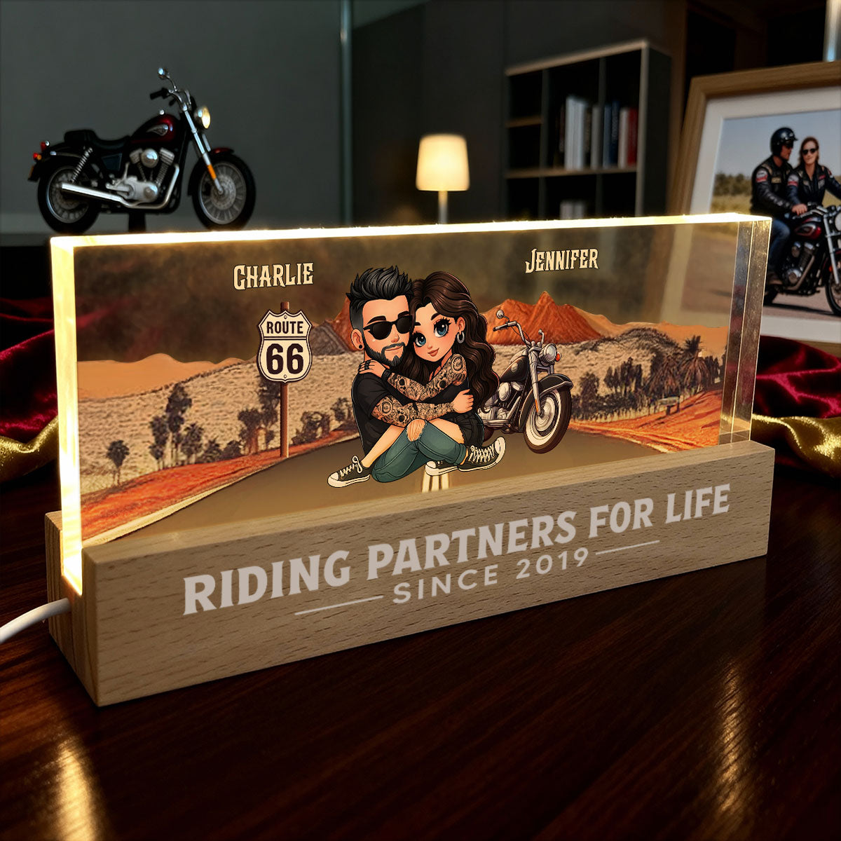 Eternal Love Biker Couple Riding Partners For Life - Personalized Acrylic Block LED Night Light - Gift For Couple, Bikers, Gift For Him, For Her