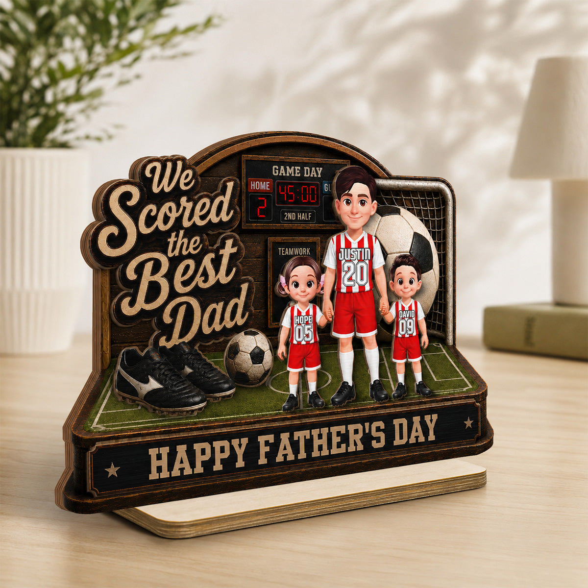 Soccer Dad & Kids On Court 2D Flat - Personalized 2-Layered Wooden Plaque -  Gift For Soccer Dad, UK Football Dad