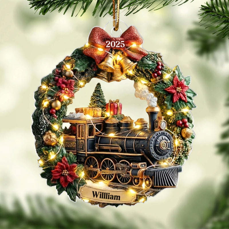 Christmas Train Family Keepsake Wreath - Personalized Acrylic Ornament - Christmas Gift For Kid, Family