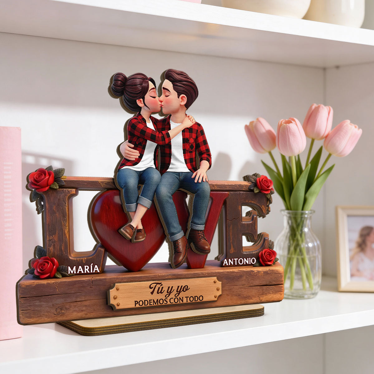 Roses LOVE Spanish Couple Sitting Kissing - Personalized 2-Layered Wooden Plaque - Heartfelt Gift For Couple