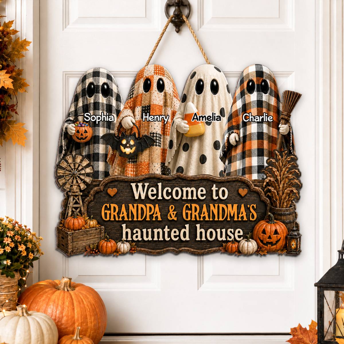 Halloween Farmhouse Style Welcome To Grandma Grandpa Haunted House - Personalized Wood Sign - Halloween Decoration For Grandparents