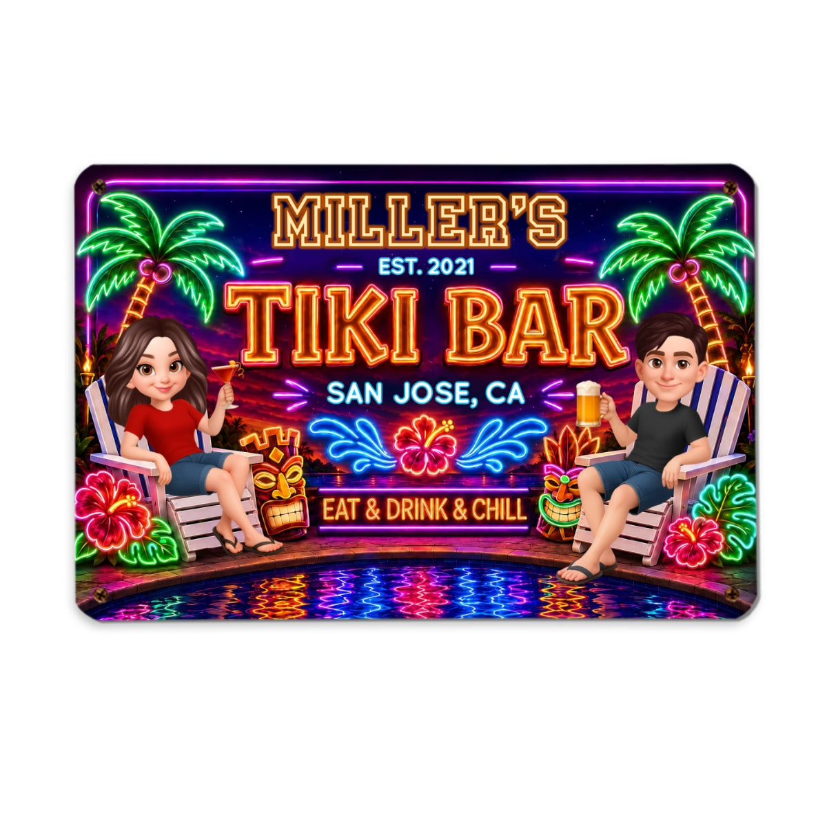 Custom Family Tiki Bar - Personalized Metal Sign - Outdoor Home Bar Decor, Eat Drink & Chill Sign, Backyard Patio Sign, New Home Gift