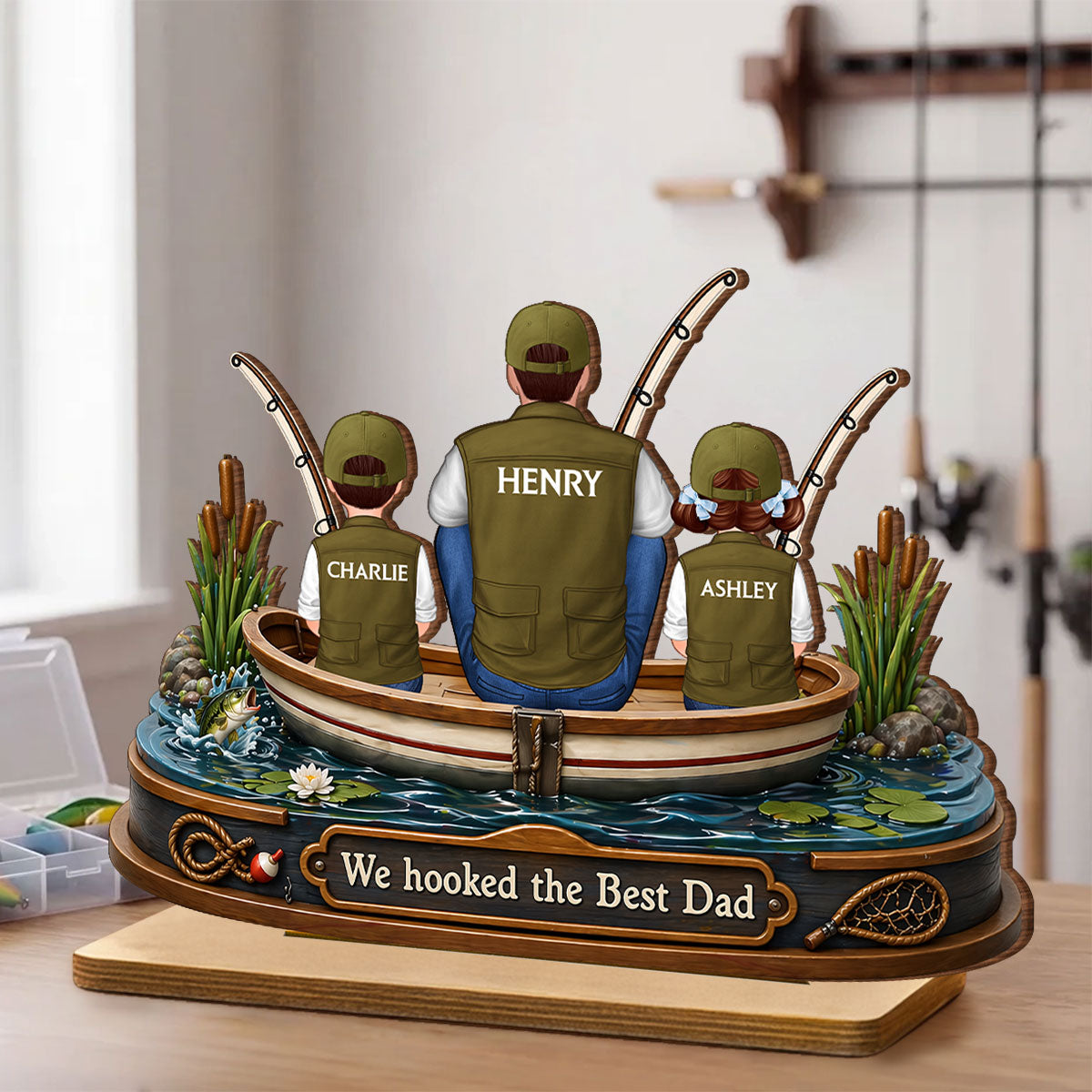 Dad And Kids Fishing Boat - Personalized 2-Layered Wooden Plaque - Heartfelt Gift For Fishing Dad, Gift For Husband