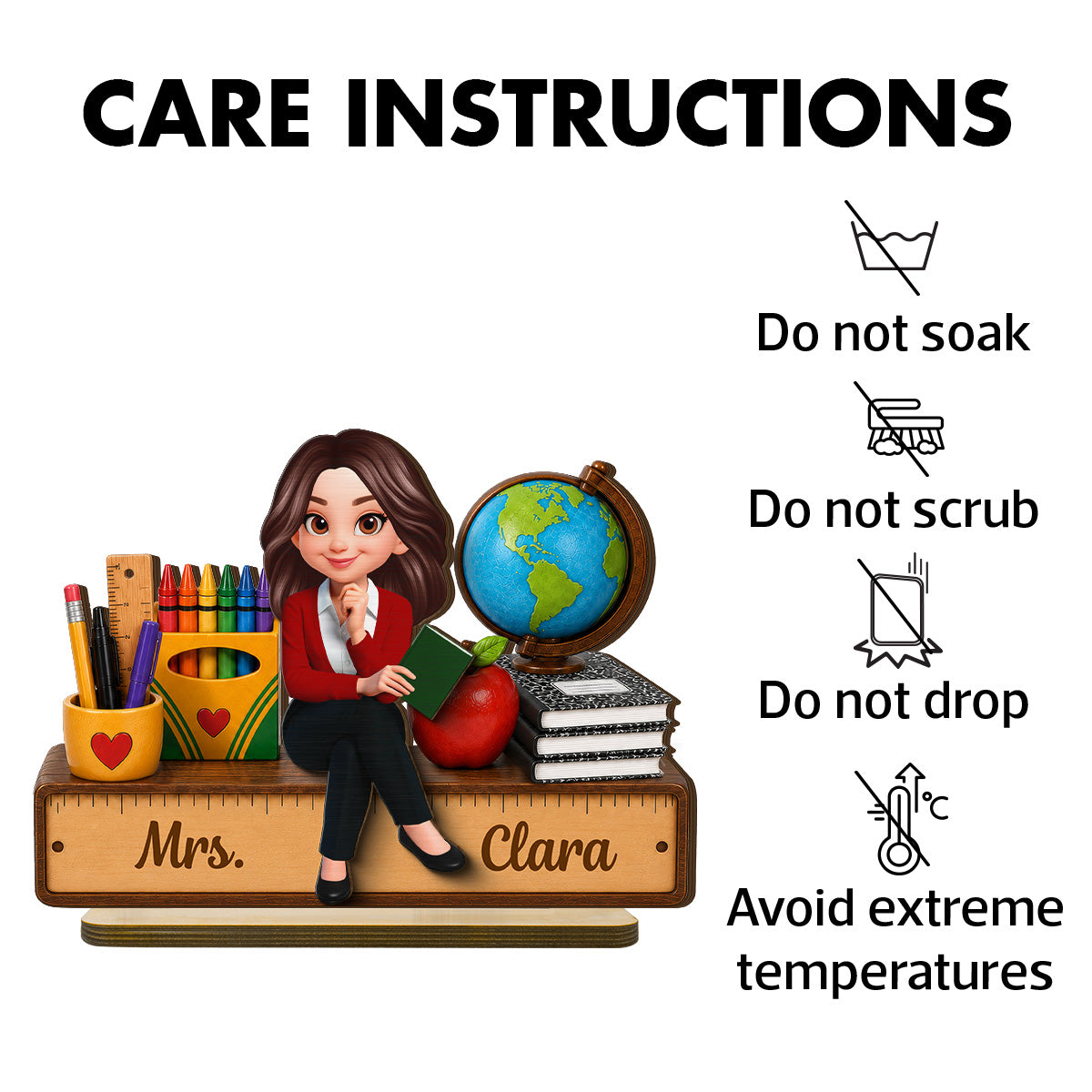 Teacher Sitting With School Supplies 2D Flat - Personalized Wooden Plaque - Back To School Gift For Teacher