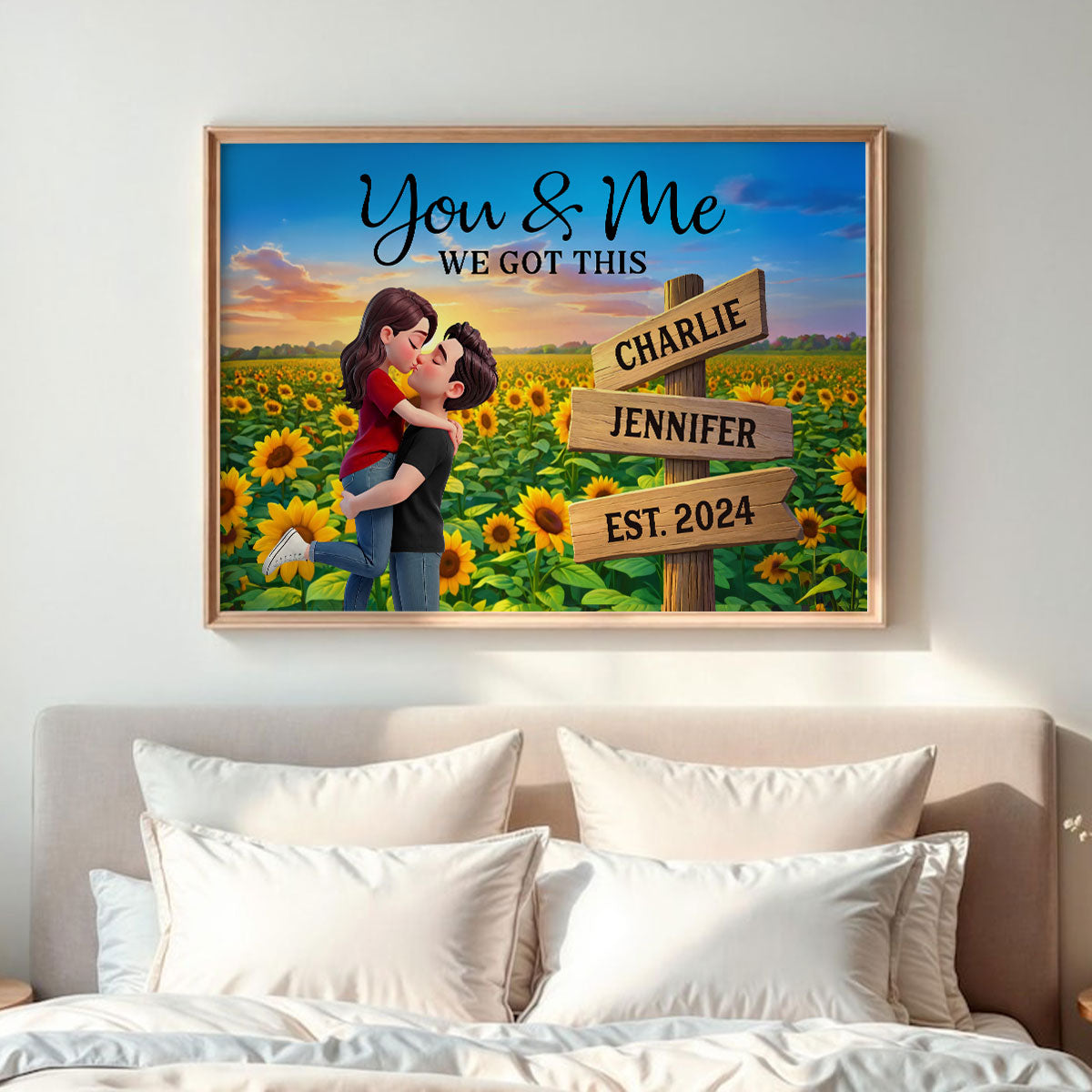 Eternal Love Couple Hugging Kissing Sunflower Field Sign Posts - Personalized Poster - Heartfelt Valentine, Anniversary Gift For Him, For Her