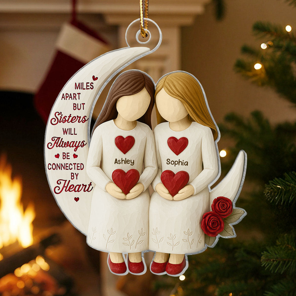 3D Effect Roses Sisters On Moon Wooden Texture - Personalized Acrylic Ornament - Christmas Gift For Sisters