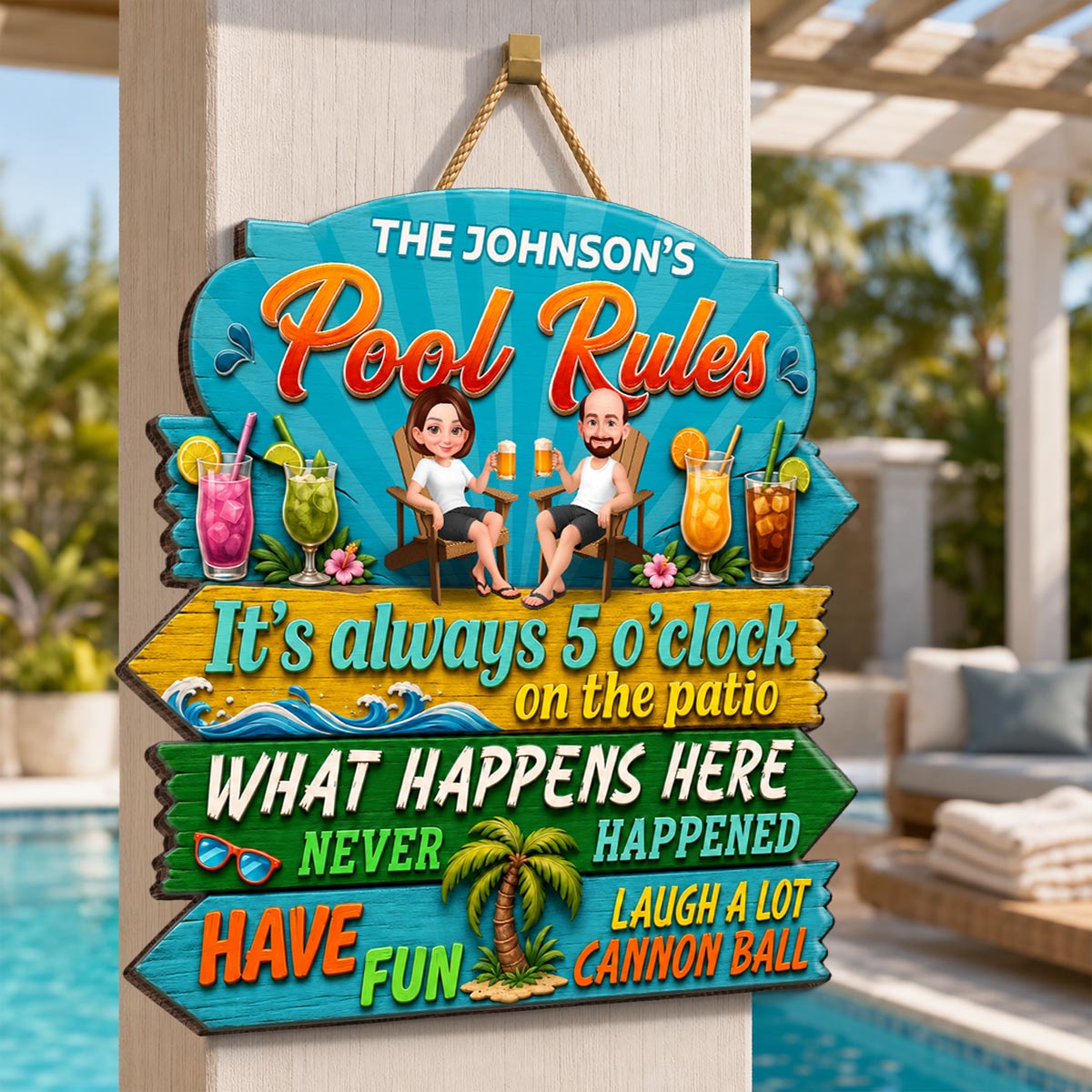 Family Pool Rules Sign Tropical - Personalized Wood Sign - Gift For Grandpa, Grandma, Summer Decorations