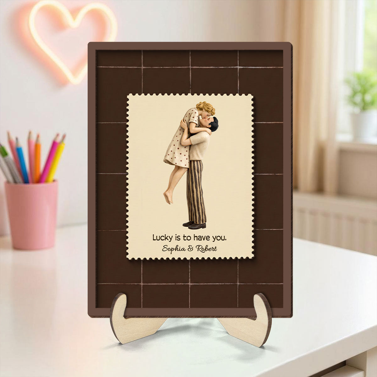 Lucky Is To Have You Mid-Century Couple - Personalized 2-Layered Wooden Plaque - Anniversary, Valentine's Day Gift, Gift For Him, Gift For Her