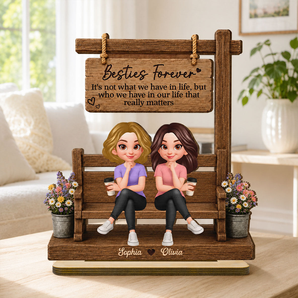 Besties Sitting Under Sign Post 2D Flat - Personalized Wooden Plaque - Friendship Keepsake