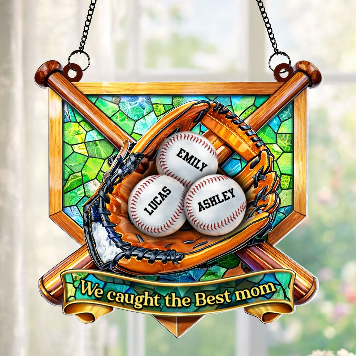 Baseball Glove We Caught the Best Mom - Personalized Suncatcher - Mother's Day Gift for Mom, Wife