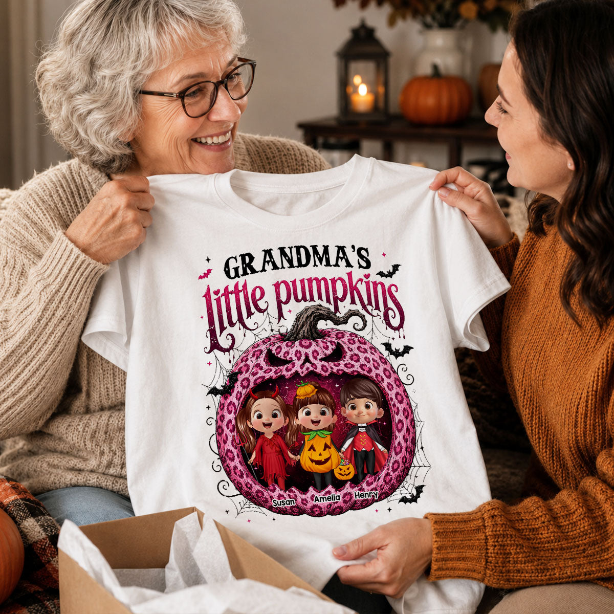 Grandma's Little Pumpkins Jack O Lantern - Personalized Shirt - Trendy Halloween Tee for Grandma