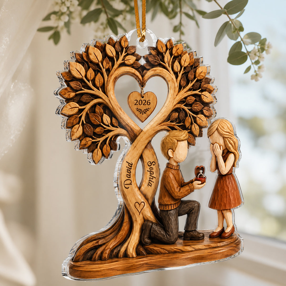Couple Kissing Under Heart Tree - Personalized Acrylic Ornament - Heartfelt Anniversary Gift for Him, for Her