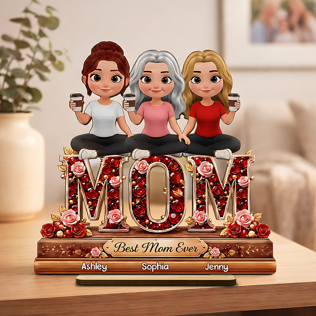 Best Mom Ever Mom And Daughters - Personalized 2-Layered Wooden Plaque - Heartfelt Gift For Mom, Grandma