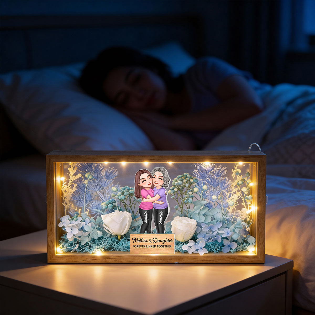 Mom & Daughter Forever Linked Together - Personalized DIY Flower Shadow Box LED Night Light - Gift For Mom, Daughter