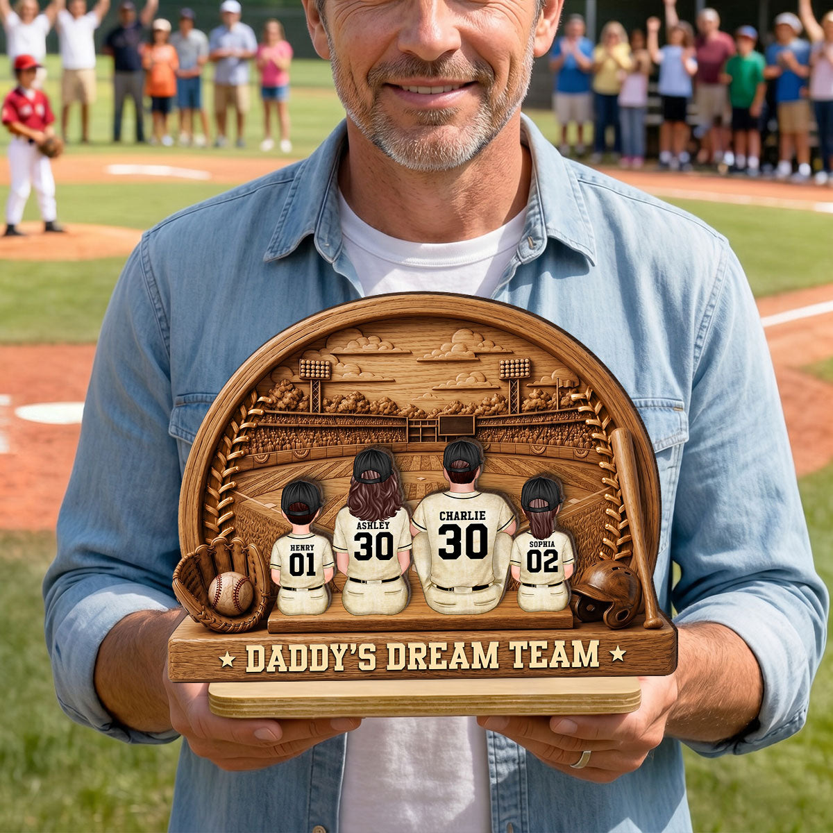 Retro Vintage Baseball Daddy's Dream Team - Personalized 2-Layered Wooden Plaque -  Gift For Dad