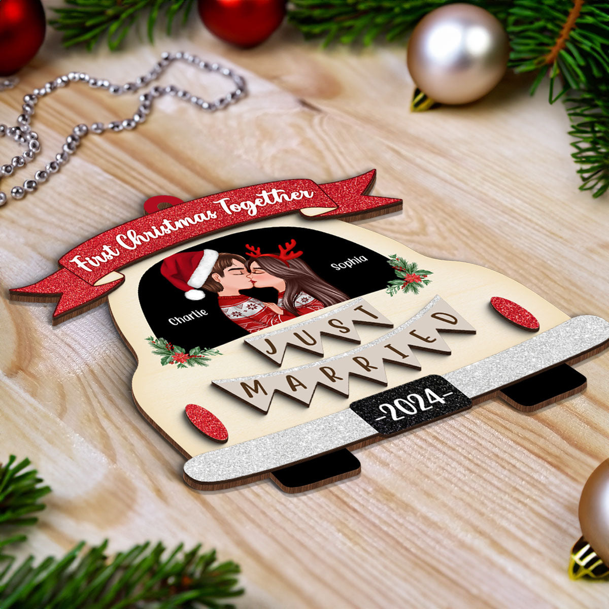 First Christmas Married Couple In Wedding Car Personalized 2-Layer Wooden Ornament, Christmas Gift For Newlyweds