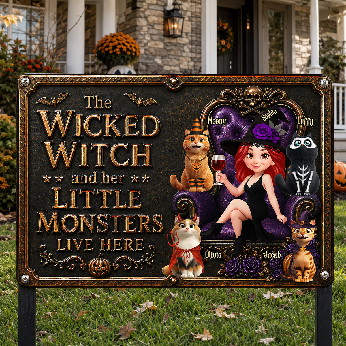The Wicked Witch And Her Monster Cats Live Here - Personalized Metal Sign - Halloween Decor for Cat Moms