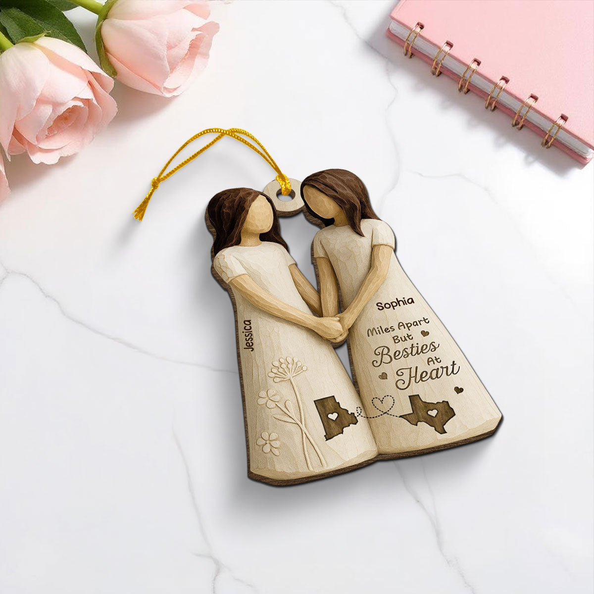 Miles Apart Besties At Heart 3D Effect - Personalized Wooden Ornament - Christmas Gift, Birthday Gift, Long Distance Friendship Gift for Best Friends