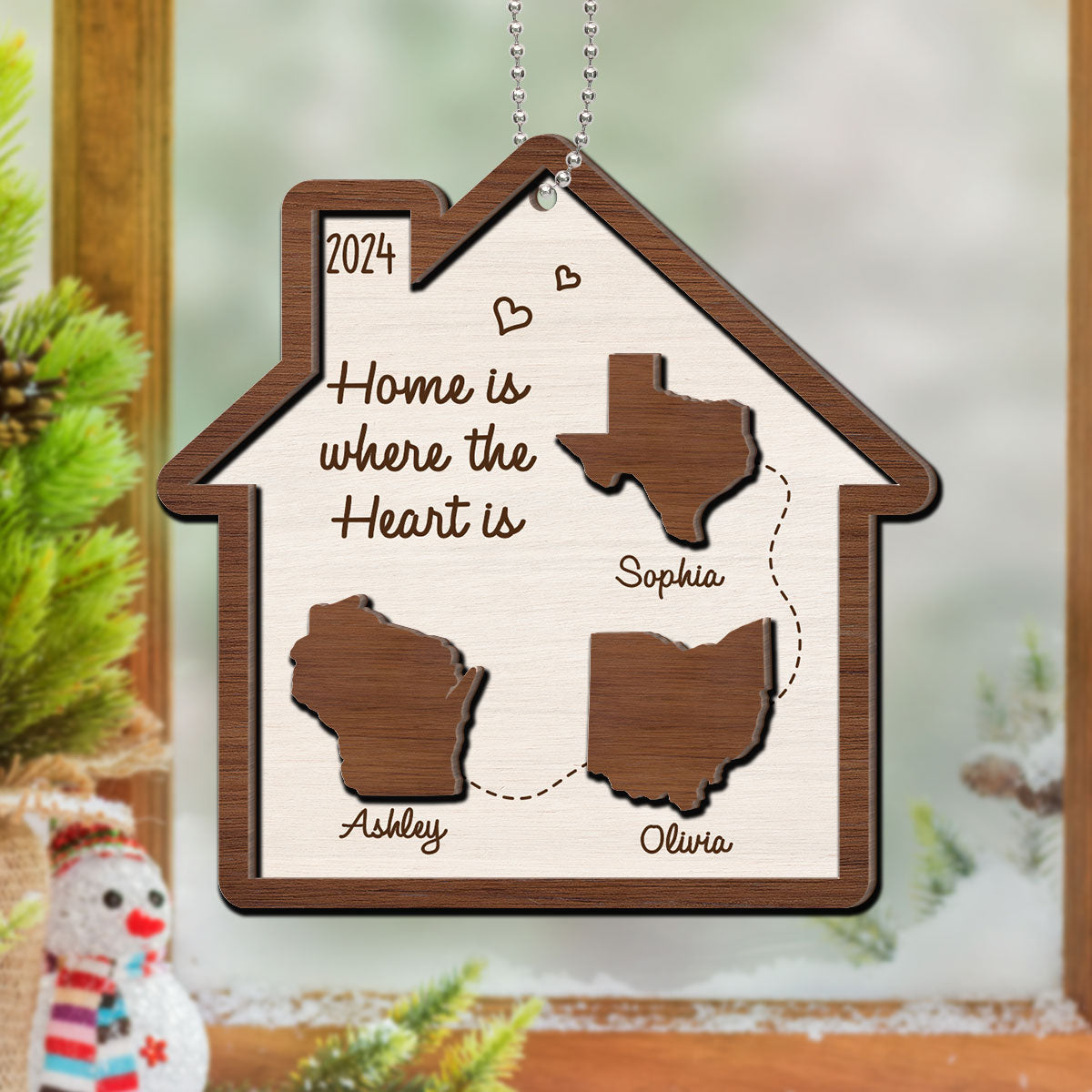 Long Distance Family State Maps Personalized 2-Layer Wooden Ornament, Togetherness Ornament