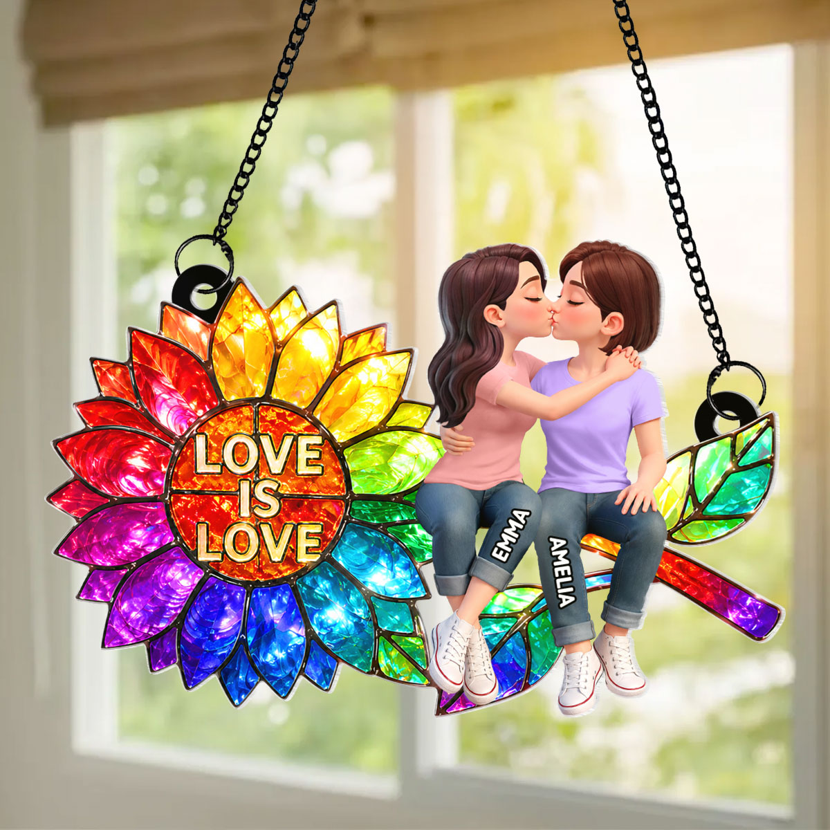 Sunflower Love is Love LGBT Couple - Personalized Suncatcher - Heartfelt Gift for Her, for Him