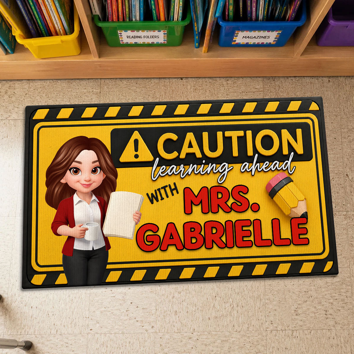 Caution Learning Ahead With Teacher - Personalized Doormat - Back To School Gift For Teachers, Classroom Decors