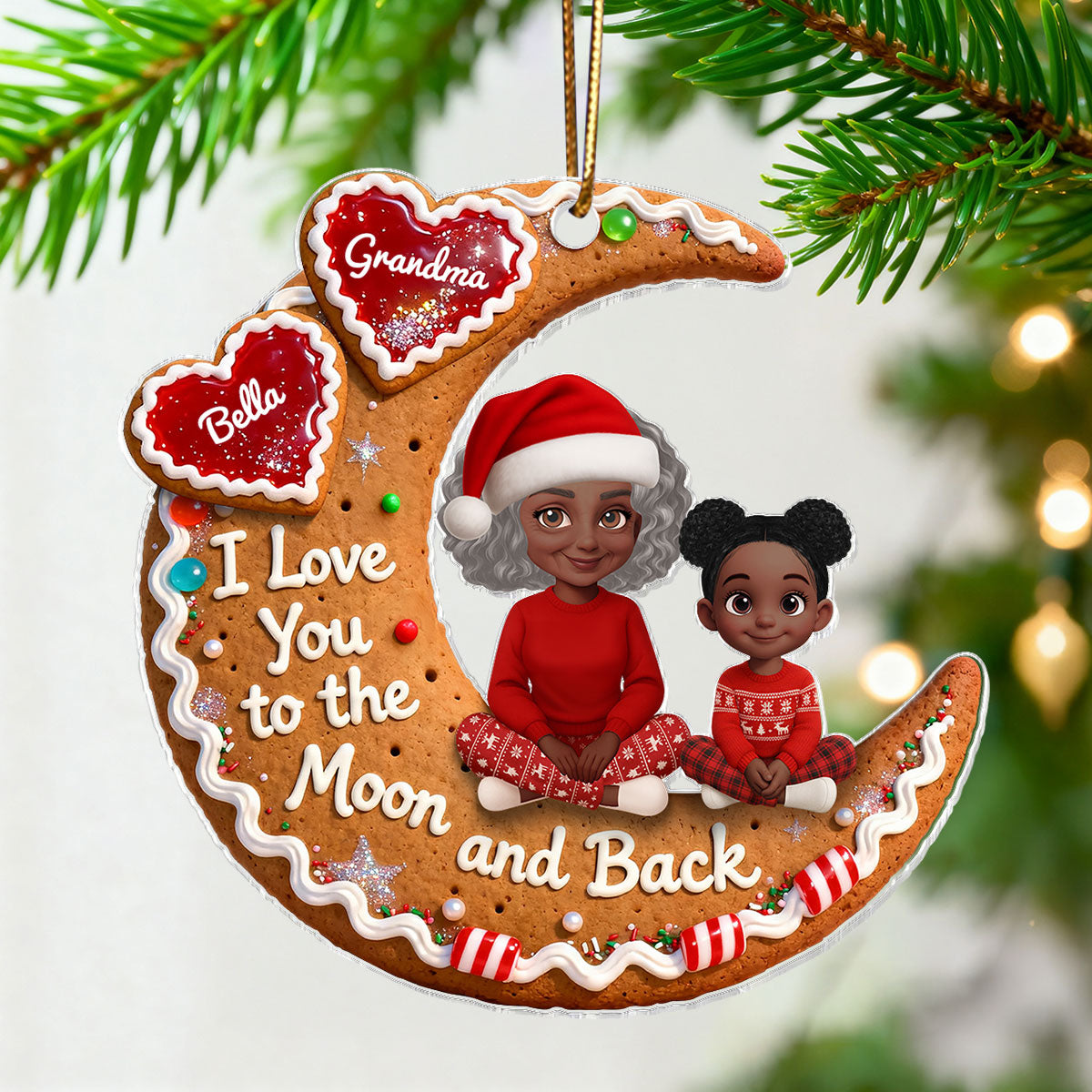 3D Effect Gingerbread Moon Grandma Grandkid Love You To The Moon And Back - Personalized Acrylic Ornament - Christmas Gift For All Grandkids