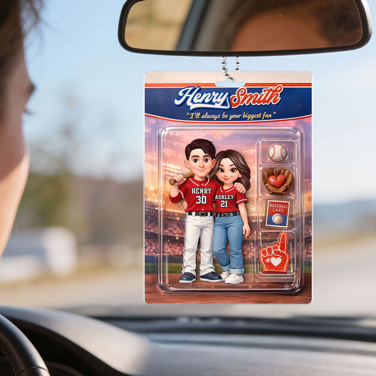 Baseball Couple I'll Always Be Your Biggest Fan Custom Action Figure - Personalized Acrylic Car Hanger - Sentimental Gift for Him