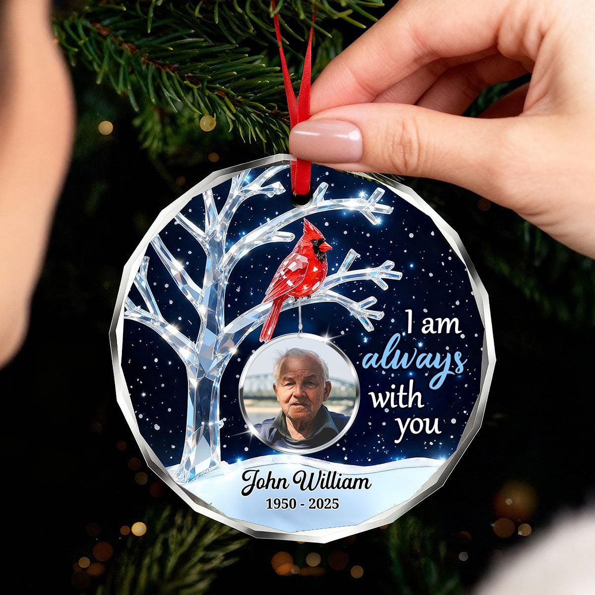 3D Crystal Effect Memorial Winter Tree Cardinals Upload Photo - Personalized Glass Ornament - Remembrance Gift, Sympathy Gift
