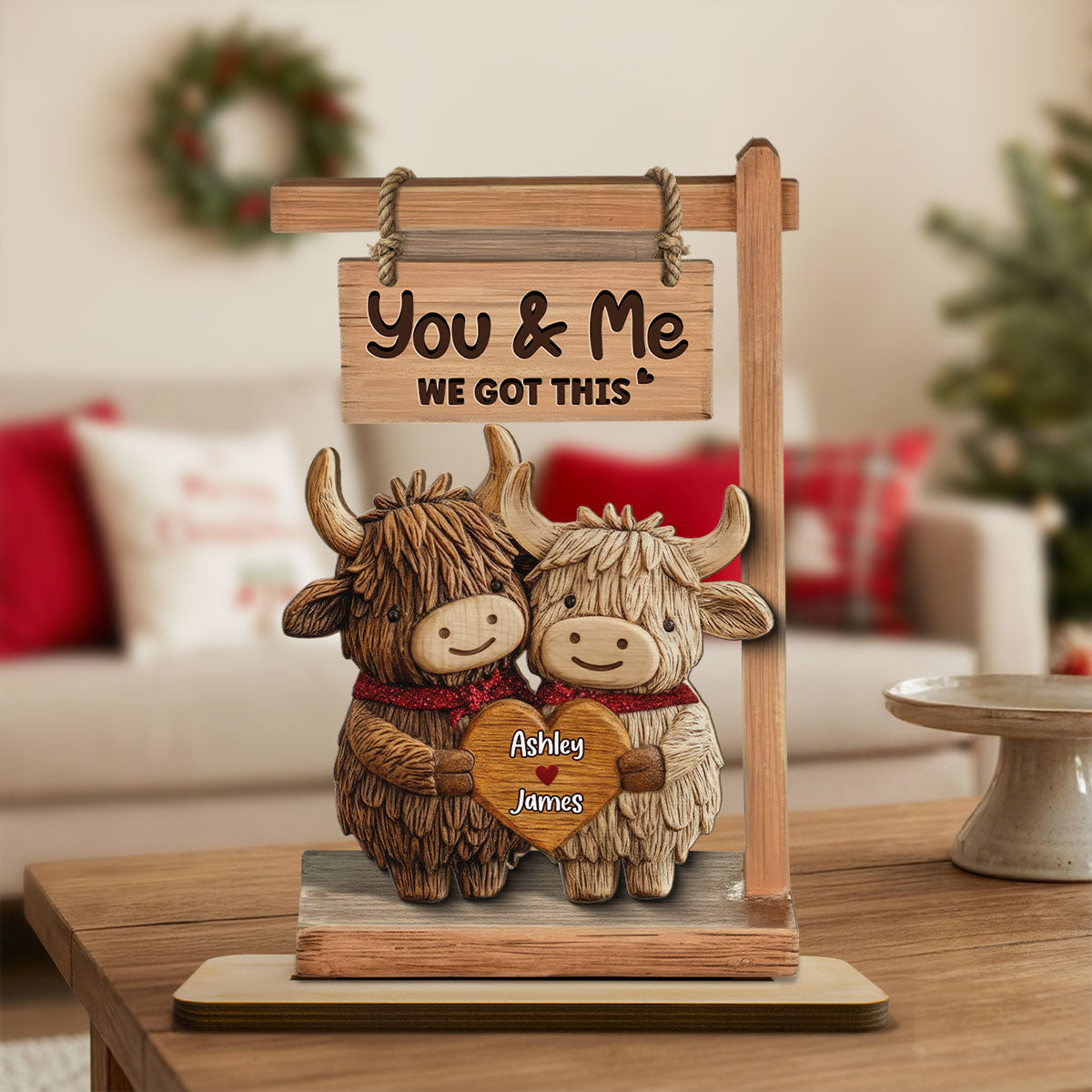 3D Effect Highland Cows Couple - Personalized 2-Layered Wooden Plaque - Perfect Valentine's Day Gift For Him, Gift For Her